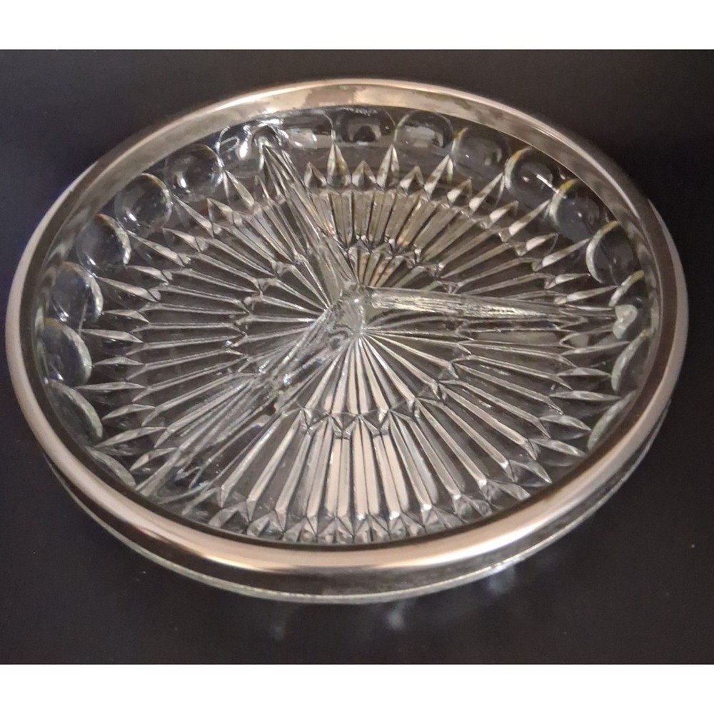Vintage Leonard Crystal Silver Plated Rimmed 9" Divided Relish Dish